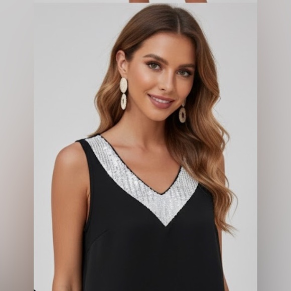 Black Sequin V Neck Dress - Picture 2 of 9